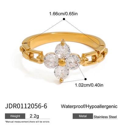 18K Gold Four Leaf Clover Flower Chain Band Stacking Ring
