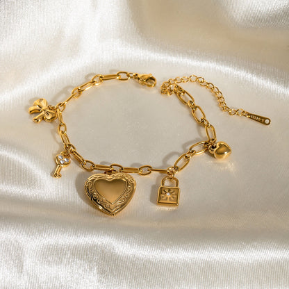 18K Gold Heart Locket Charm Bracelet