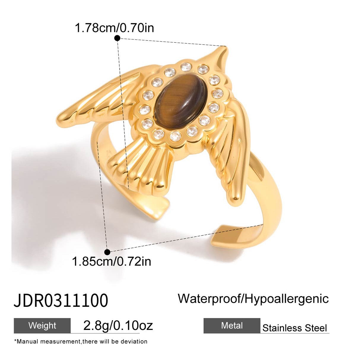 18K Gold Free Spirit Tiger Eye Bird Ring