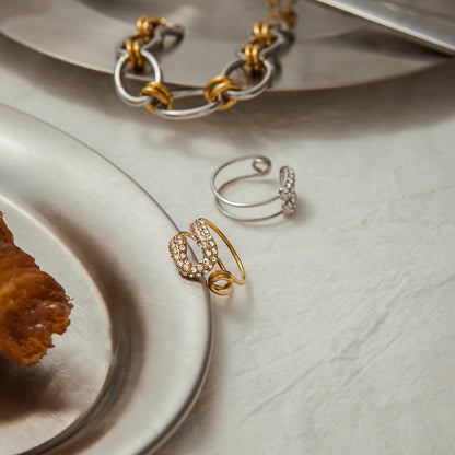 18K Gold Bejeweled Safety Pin Cuff Stacking Ring