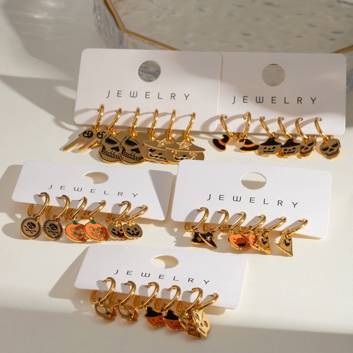 18K Gold Halloween Pumpkin Skull Small Hoop Huggie Earrings with Charm