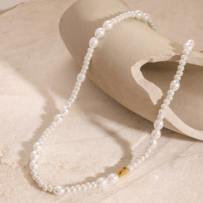 18K Gold Heart Pearl Chain Beaded Collar Necklace