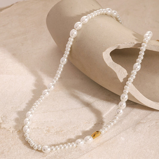 18K Gold Heart Pearl Chain Beaded Collar Necklace