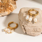 18K Gold Dangle Pearl Huggie Earrings