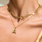 18K Gold Heart Safety Pin Pearl Cuban Curb Chain Necklace