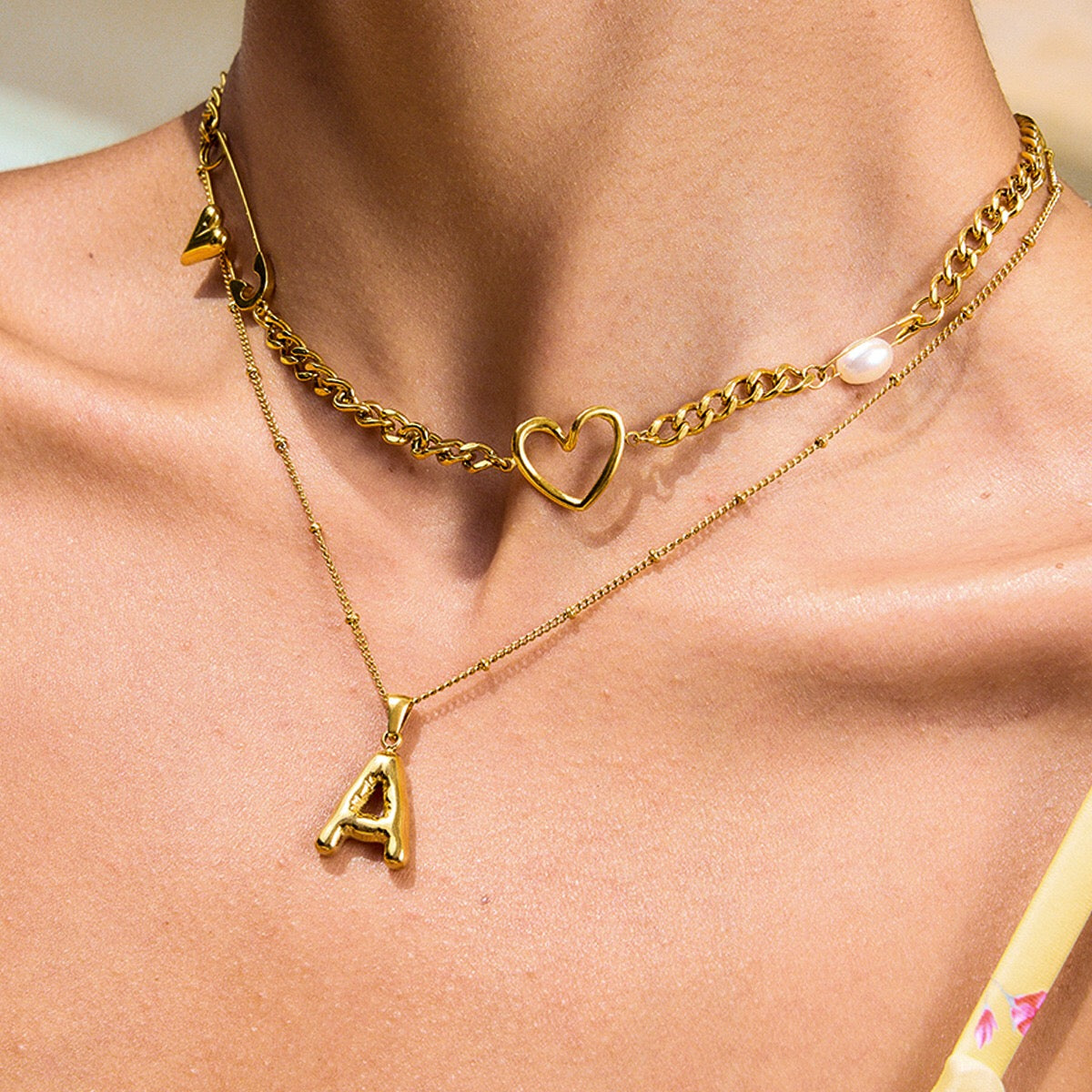 18K Gold Heart Safety Pin Pearl Cuban Curb Chain Necklace