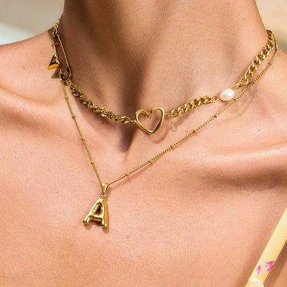 18K Gold Heart Safety Pin Pearl Cuban Curb Chain Necklace