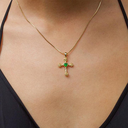 18K Gold Gemstone Cross Pendant Necklace