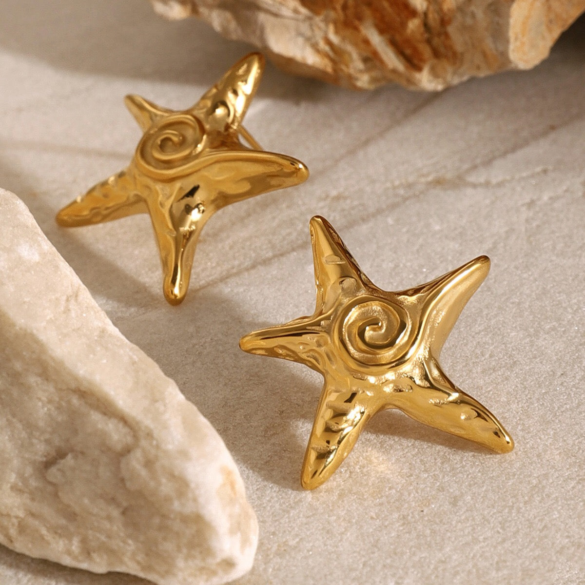 18K Gold Ocean Swirl Starfish Stud Earrings