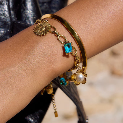 18K Gold Ocean Blue Charm Bracelet Sleek Bangle Stack