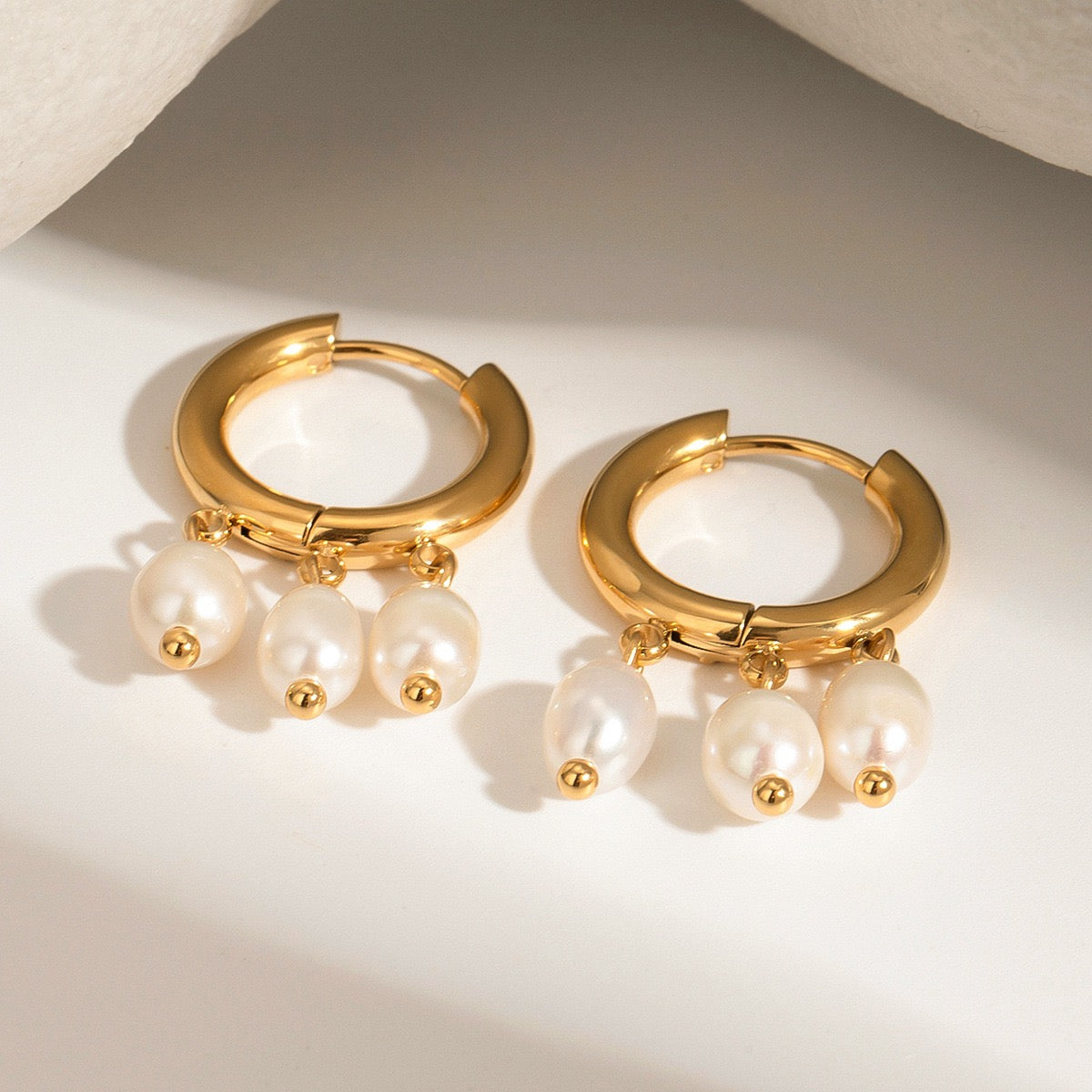 18K Gold Dangle Pearl Huggie Earrings