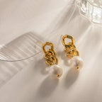 18K Gold Cuban Link Pearl Stud Dangle Earrings