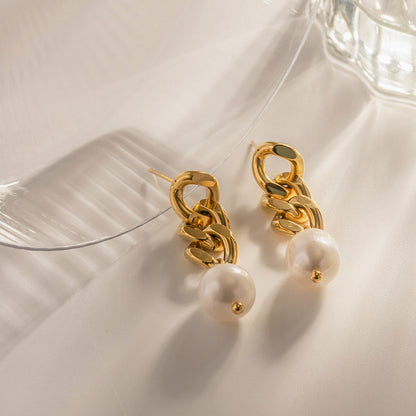 18K Gold Cuban Link Pearl Stud Dangle Earrings