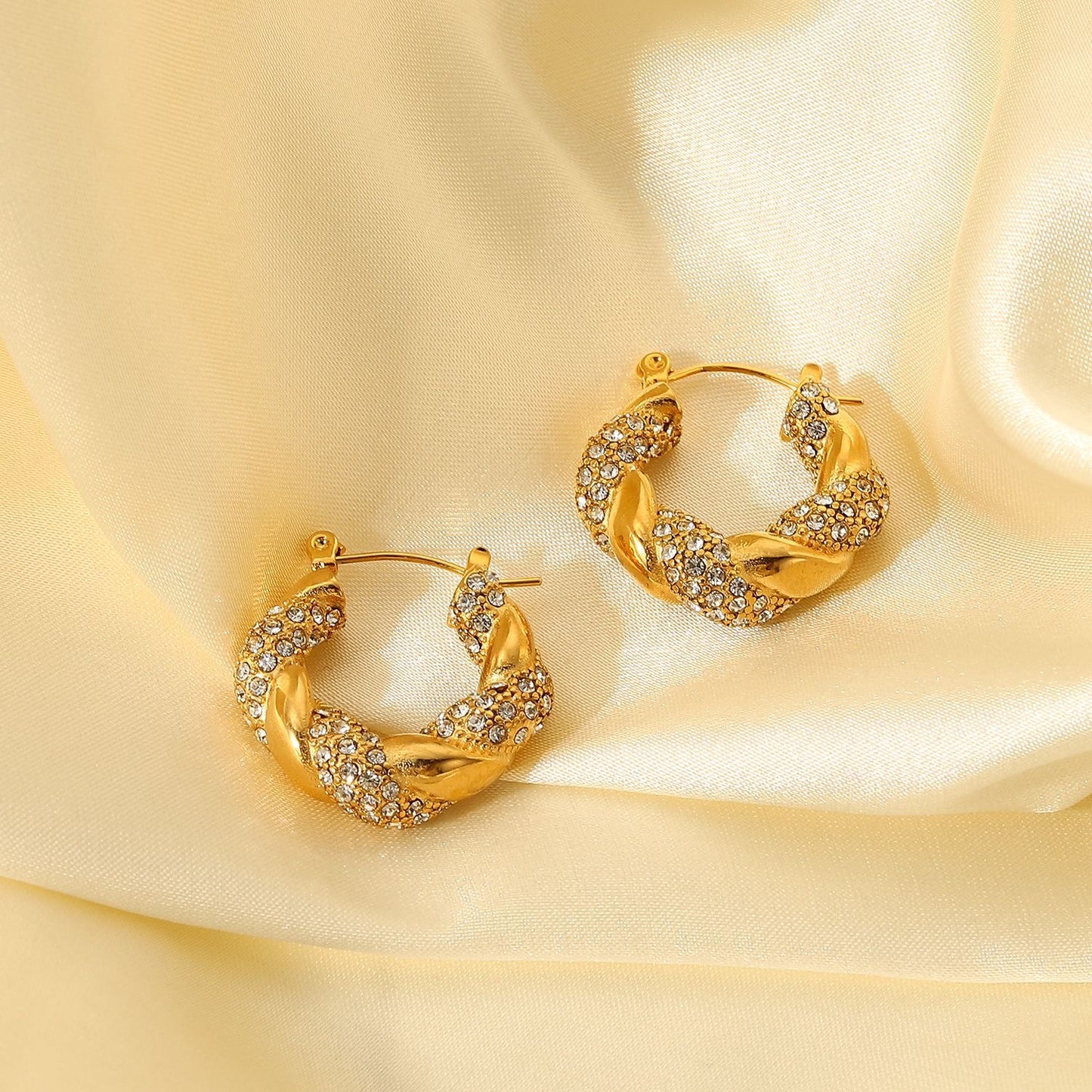 18K Gold Bling Twisted Small Hoop Huggie Earrings