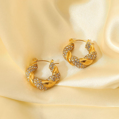 18K Gold Bling Twisted Small Hoop Huggie Earrings