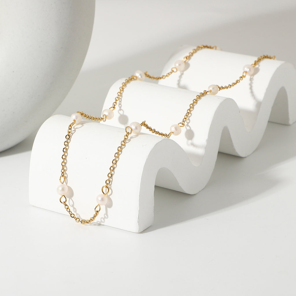 18K Gold Elegant Dainty Pearl Chain Choker Necklace