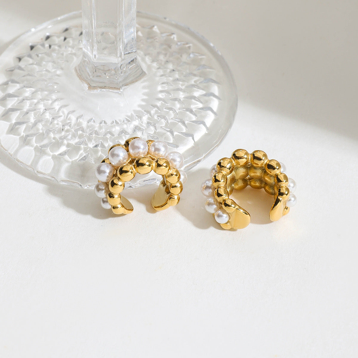 18K Gold Royal Pearl Huggie Earrings Ear Cuffs Set