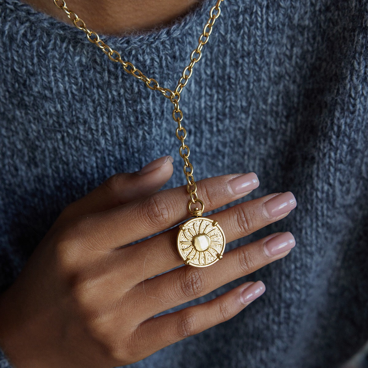 18K Gold Sun Goddess Y Shape Coin Pendant Necklace