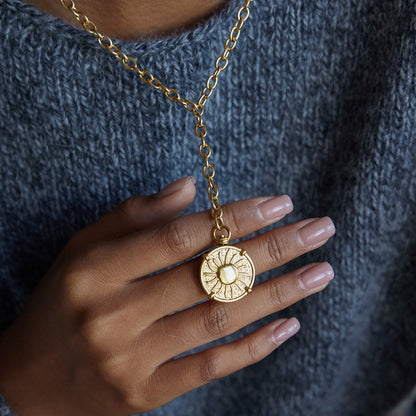 18K Gold Sun Goddess Y Shape Coin Pendant Necklace