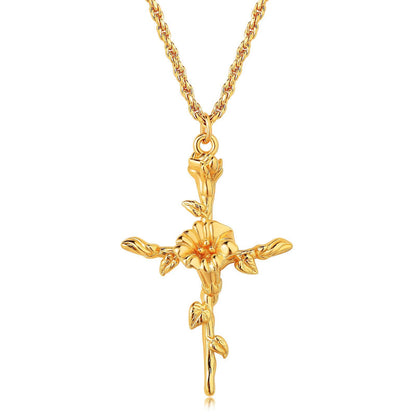 18K Gold Birth Flower Cross Pendant Necklace