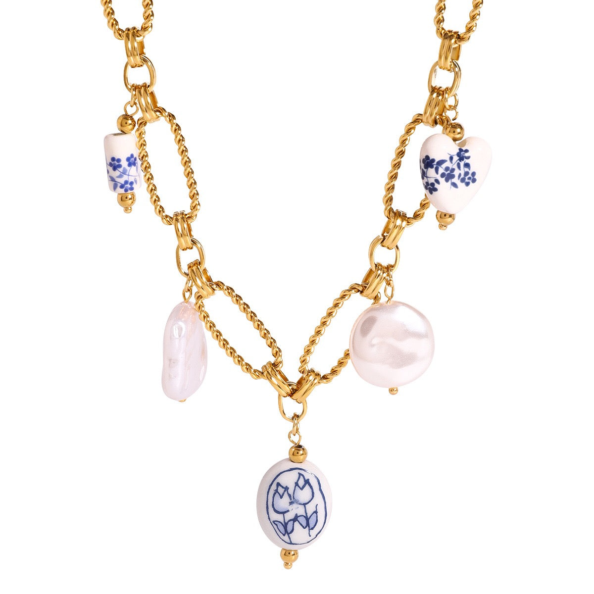 18K Gold Baroque Pearl Paperclip Chain Statement Charm Necklace