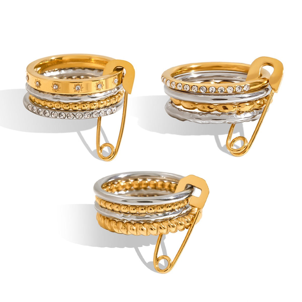 18K Gold and Silver Two Tone Safety Pin Spinelli Connected Multi Layers Stacking Ring