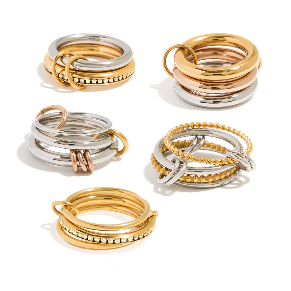 18K Gold and Silver Two Tone Pave Multi Layers Spinelli Stacking Rings