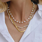 18K Gold Divine Pearl Herringbone Snake Chain Necklace Set