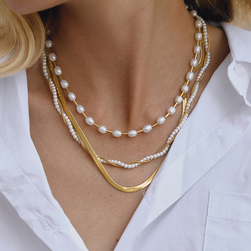 18K Gold Divine Pearl Herringbone Snake Chain Necklace Set