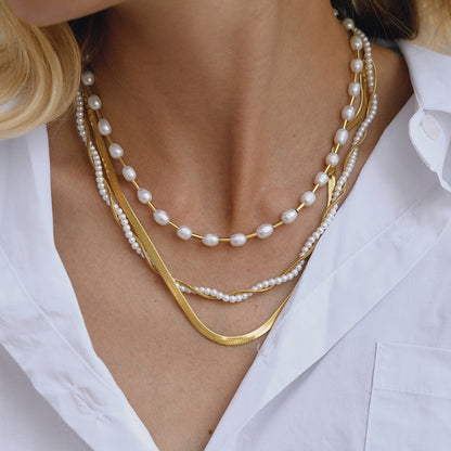 18K Gold Divine Pearl Herringbone Snake Chain Necklace Set