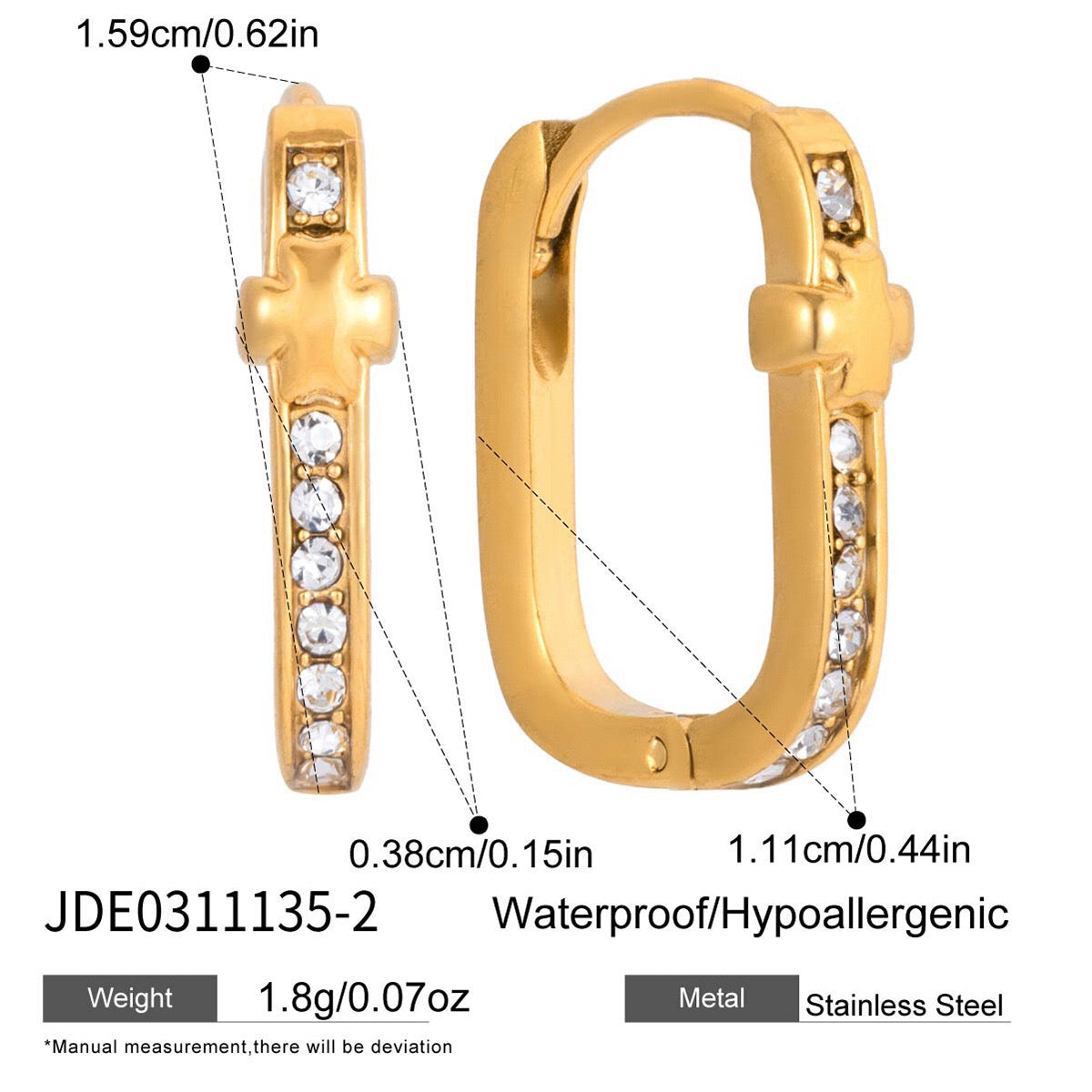 18K Gold Iced Frame Heart Small Rectangle Hoop Huggie Earrings