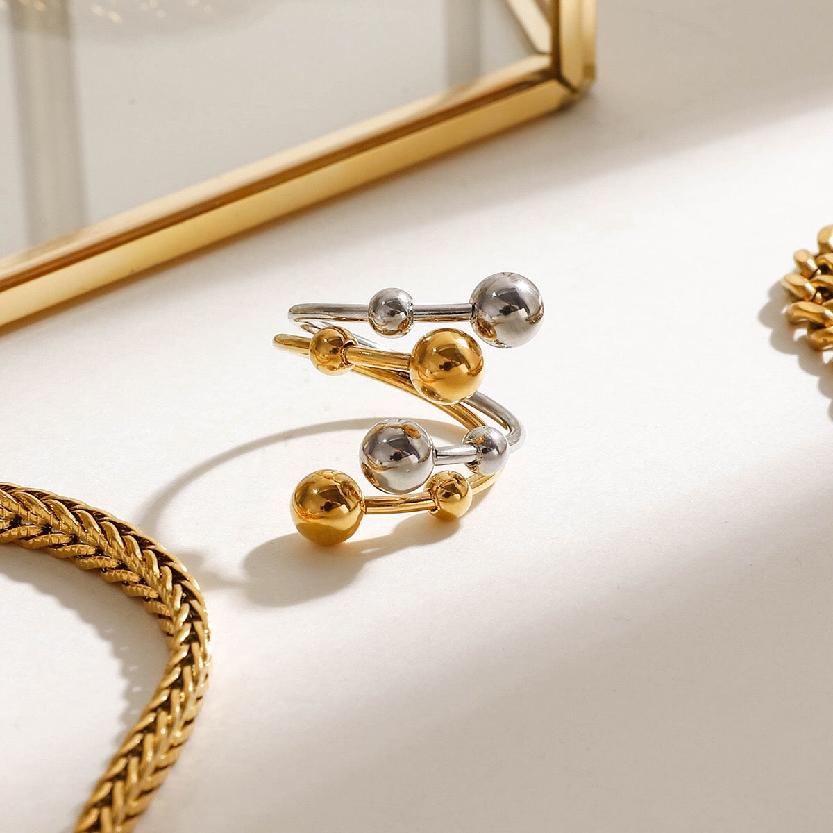 18K Gold and Silver Two Tone Orbit Beads Cuff Ring