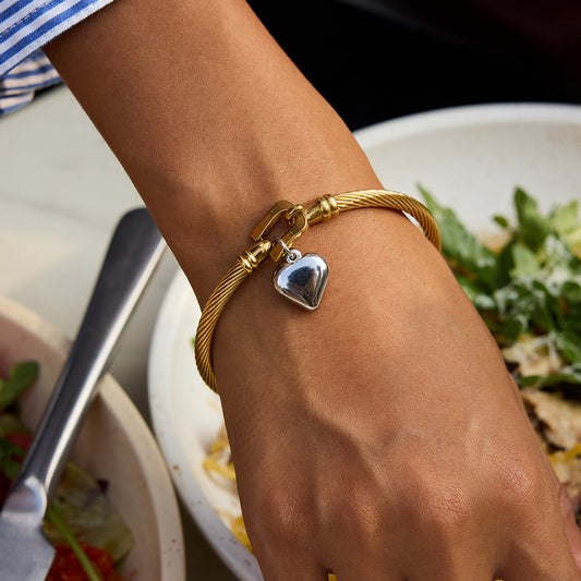 18K Gold and Silver Two Tone Heart Charm Bangle Bracelets