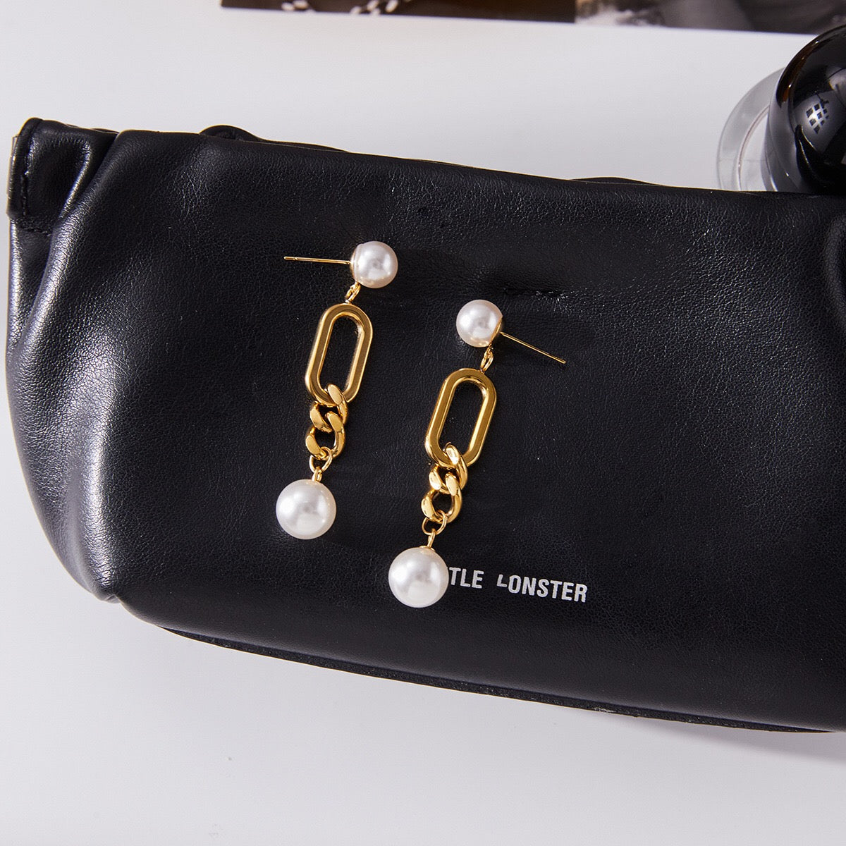 18K Gold Champagne Problems Pearl Chain Drop Dangle Earrings