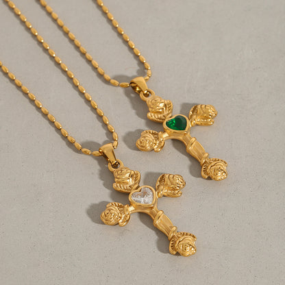 18K Gold Gemstone Cross Pendant Necklace