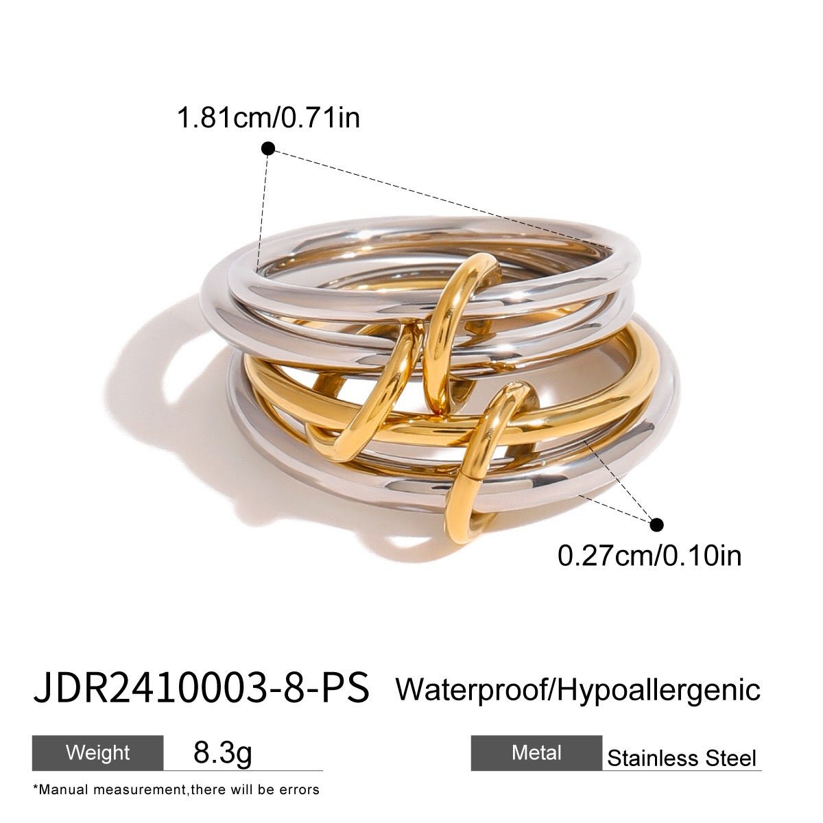 18K Gold and Silver Two Tone Connected Multi Layers Spinelli Trinity Stacking Rings