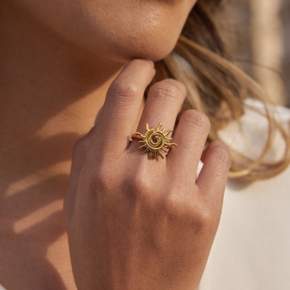 18K Gold Golden Spiral Sun Statement Ring