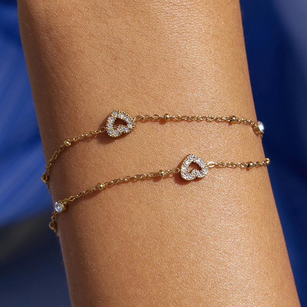 18K Gold Moonkiss Double Chain Heart Dainty Bracelet Stacks
