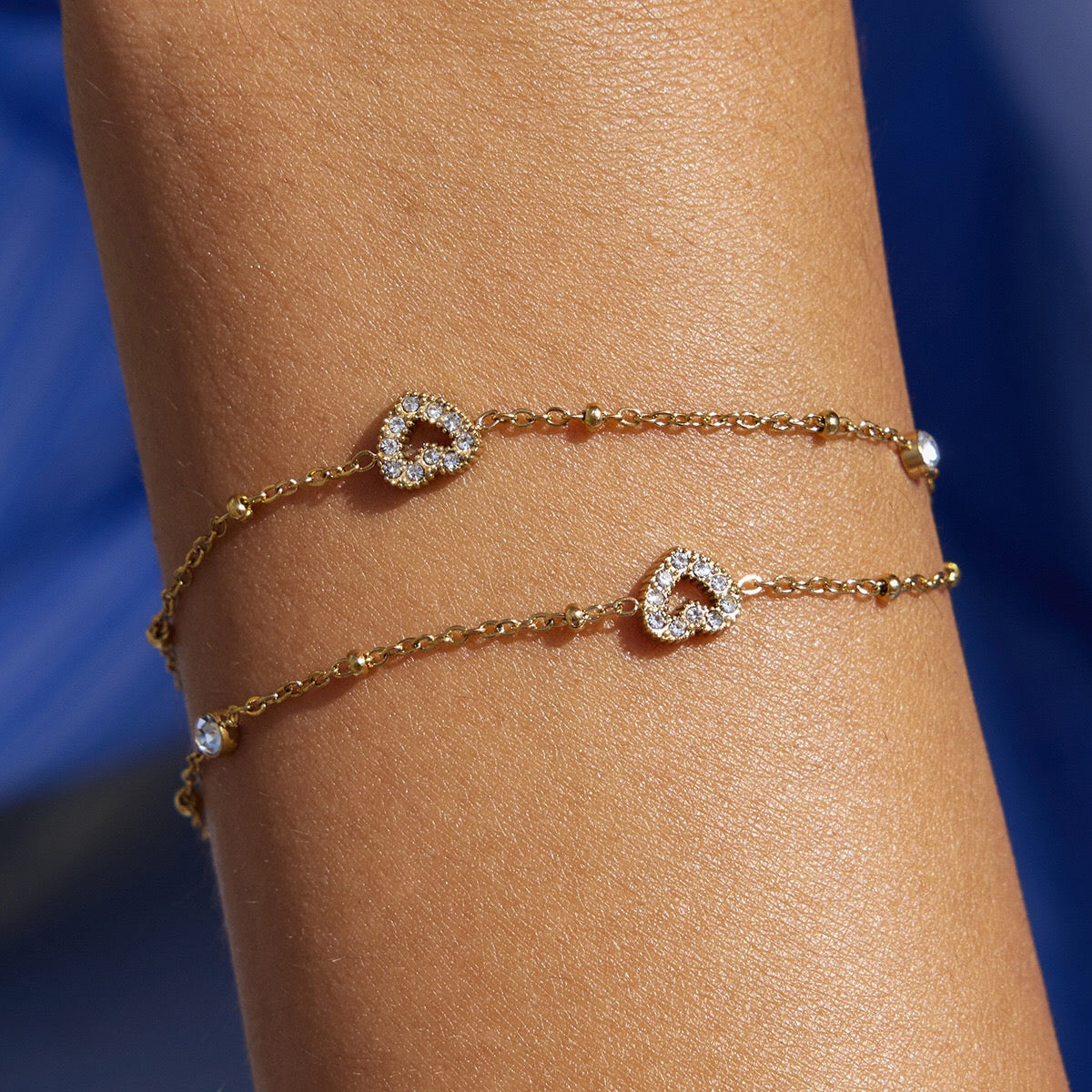 18K Gold Moonkiss Double Chain Heart Dainty Bracelet Stacks