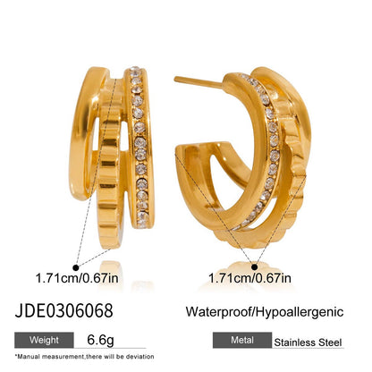 18K Gold Trio Orbit Pave Three Hoops Stud Huggie Earrings