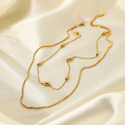 18K Gold Box Chain Beaded Layered Necklace Set