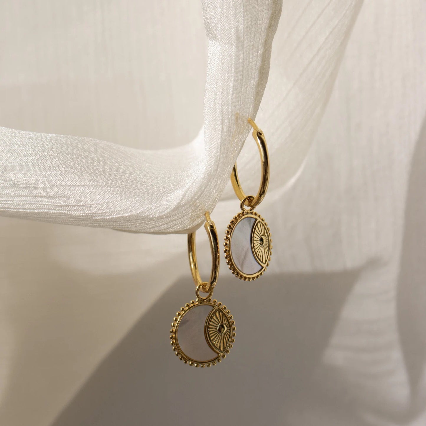 18K Gold Sun Coin Small Hoop Huggie Earrings