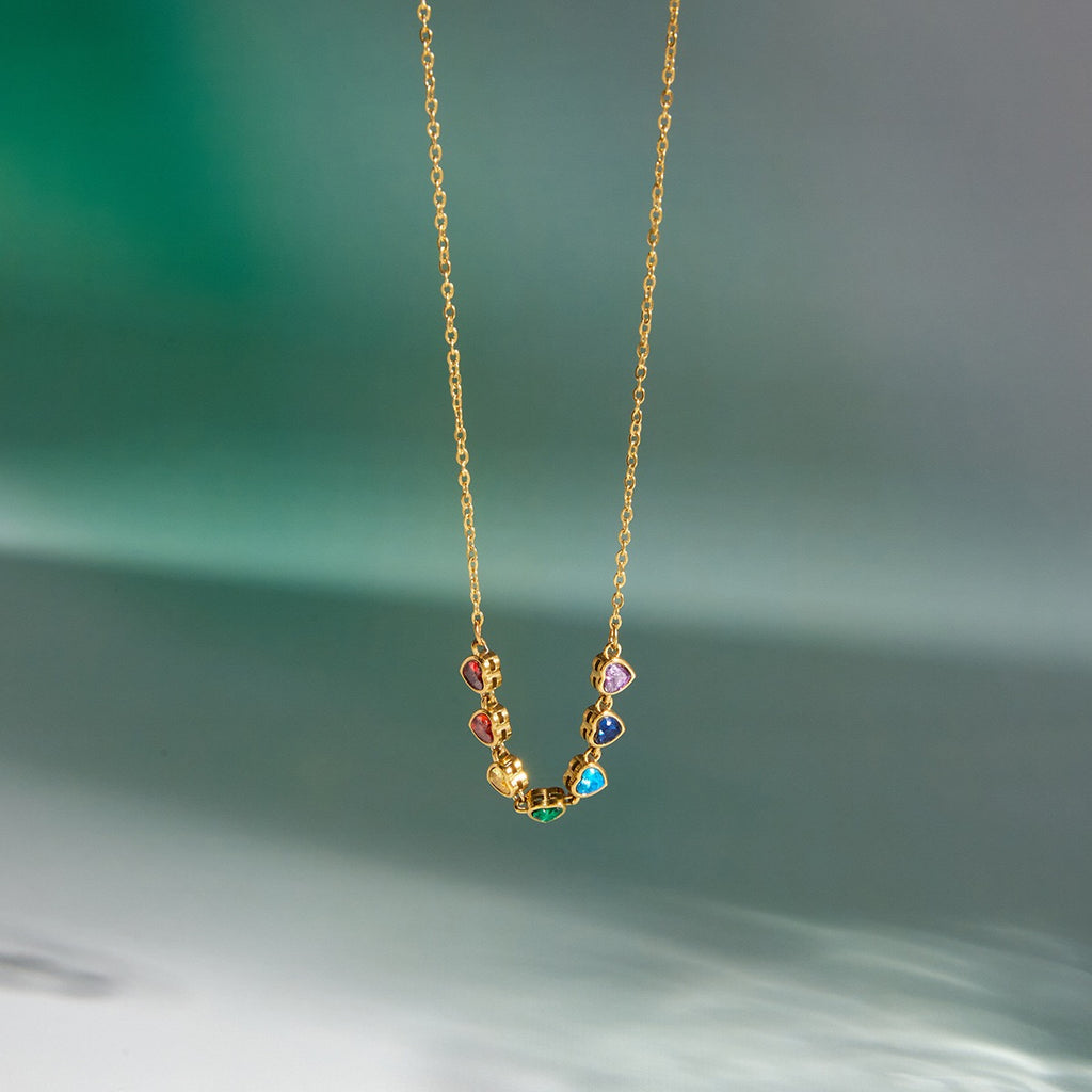 18K Gold Color Me Yours Rainbow Heart Pendant Dainty Chain Layered Necklace Set