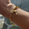 18K Gold Secret Lover Heart Lock and Key Charm Chunky Chain Bracelet