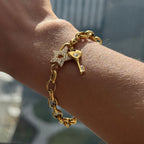 18K Gold Secret Lover Heart Lock and Key Charm Chunky Chain Bracelet