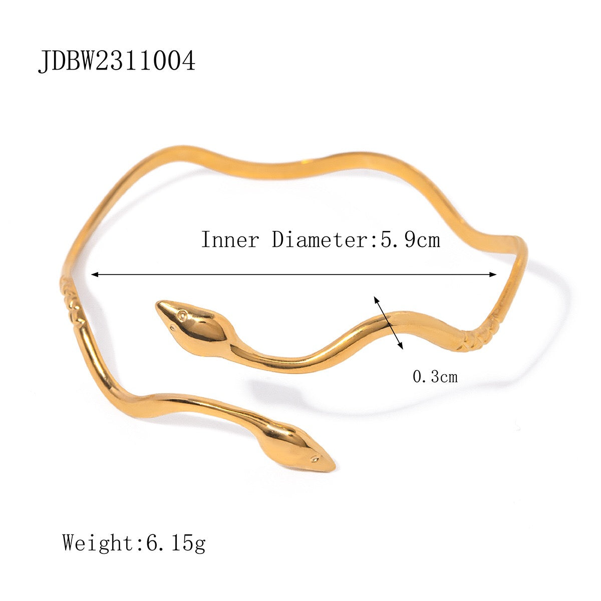18K Gold Wavy Snake Silm Cuff Bangle Bracelet