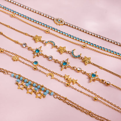 18K Gold Blue Winter Wonderland Moon and Stars Tennis Bracelet Stack