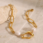 18K Gold Paperclip Chain Pearl Beads Pendant Necklace