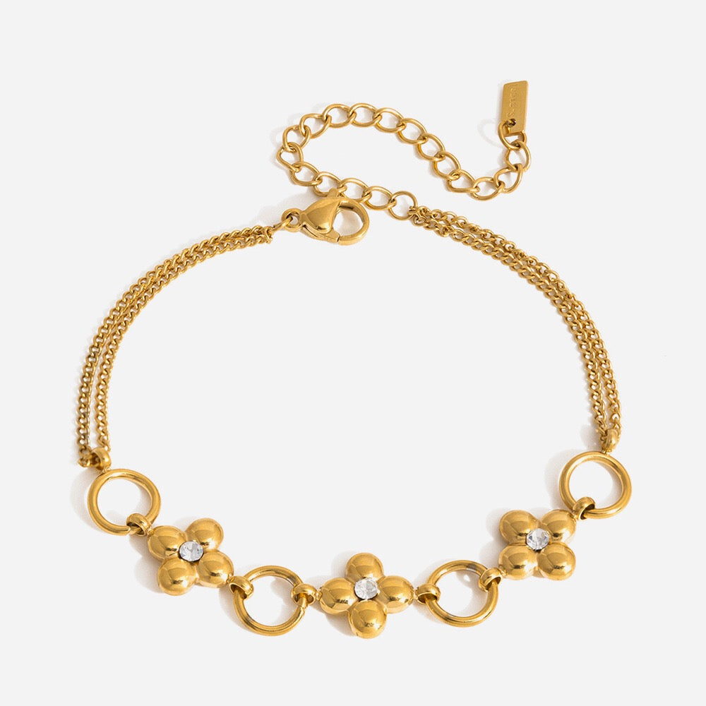18K Gold Fortune Flower Four Leaf Clover Double Chain Bracelet