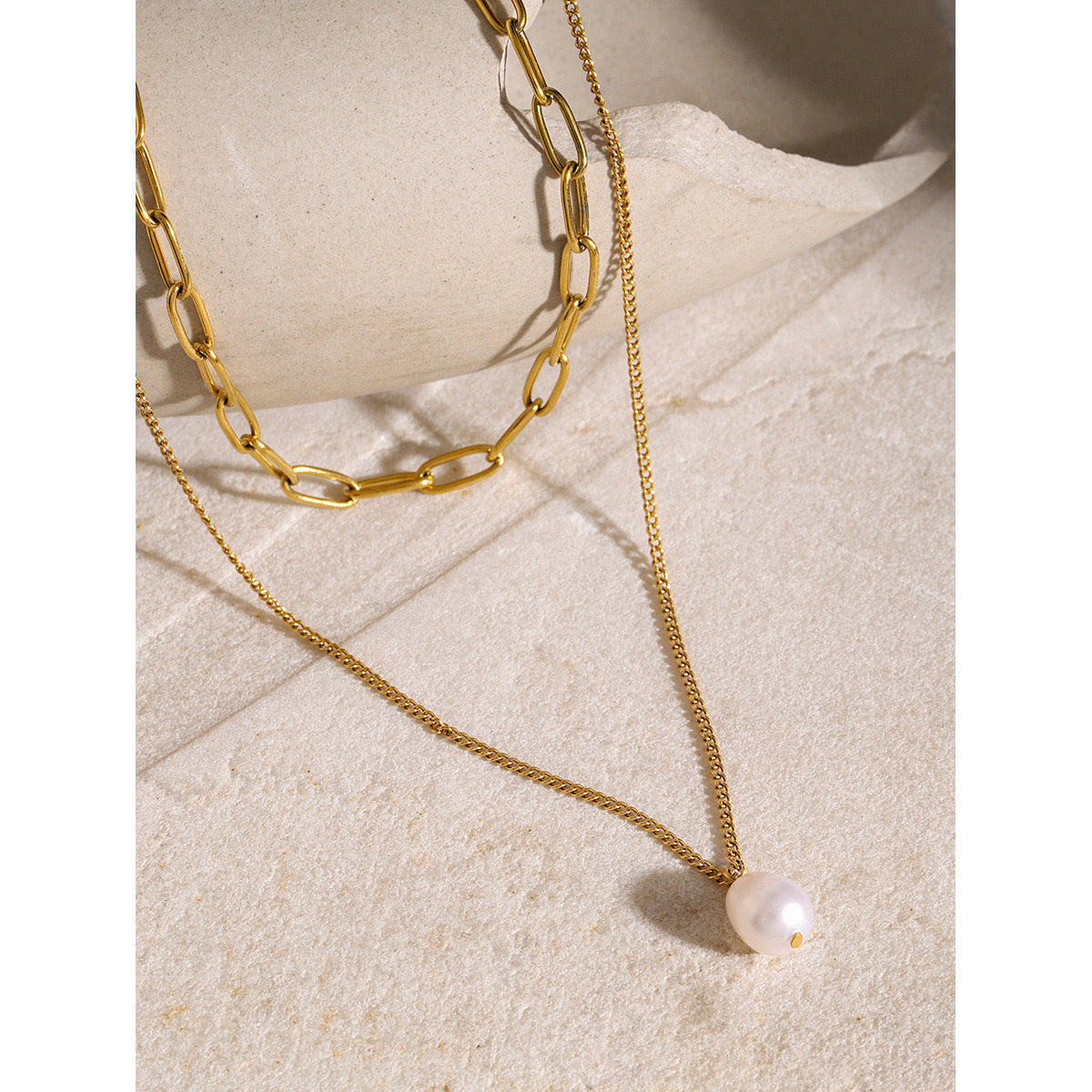18K Gold Paperclip Chain Pearl Pendant Layered Necklace Set